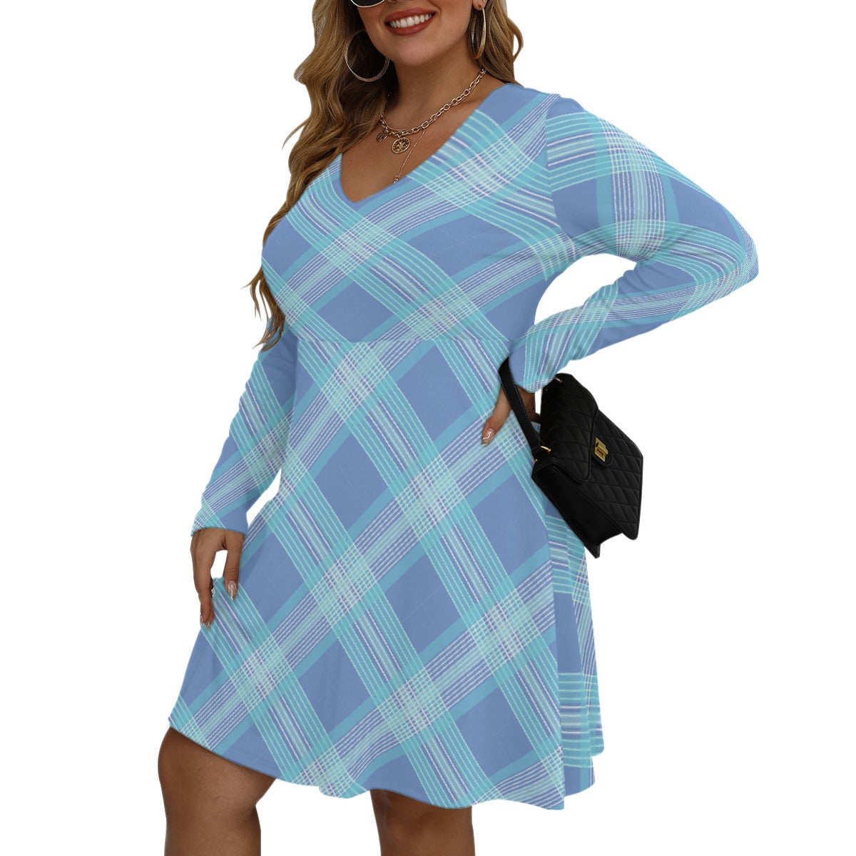 All-Over Print Women's V-neck Long Sleeve Dress(Plus Size)