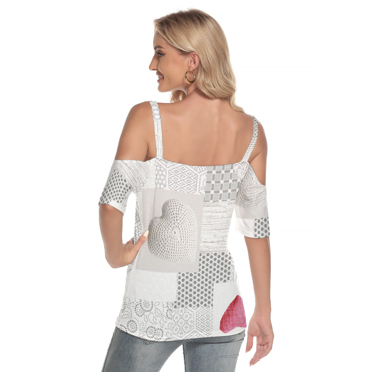 All-Over Print Women's Cold Shoulder T-shirt With Criss Cross Strips