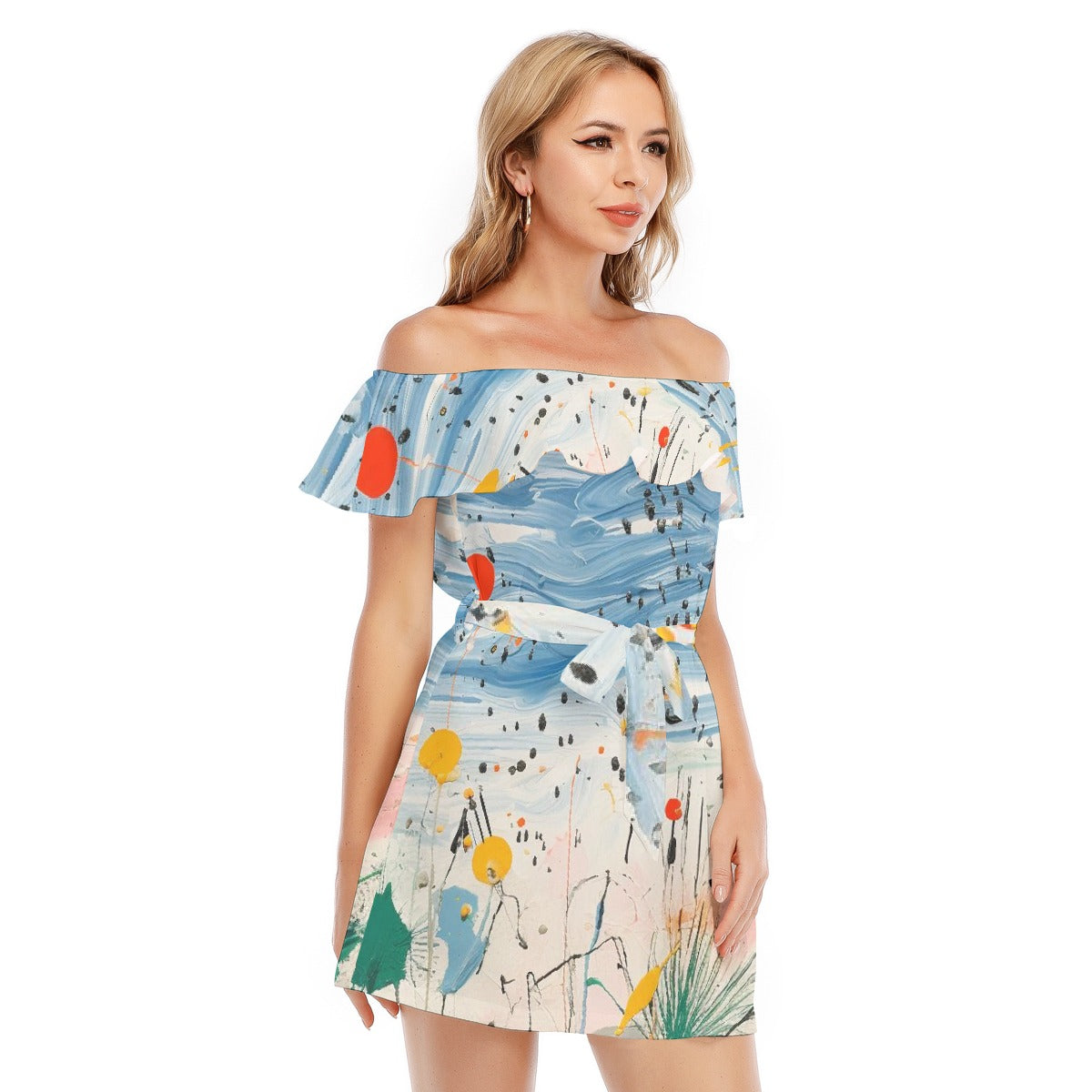 All-Over Print Women's Off-shoulder Dress With Ruffle