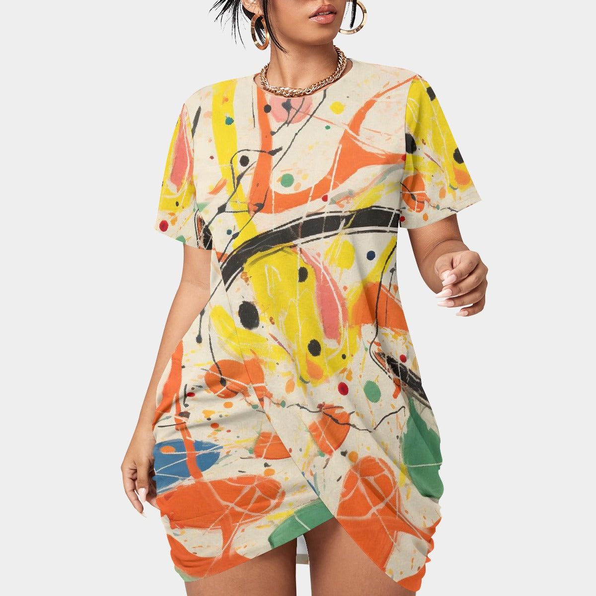 All-Over Print Women’s Stacked Hem Dress With Short Sleeve（Plus Size）