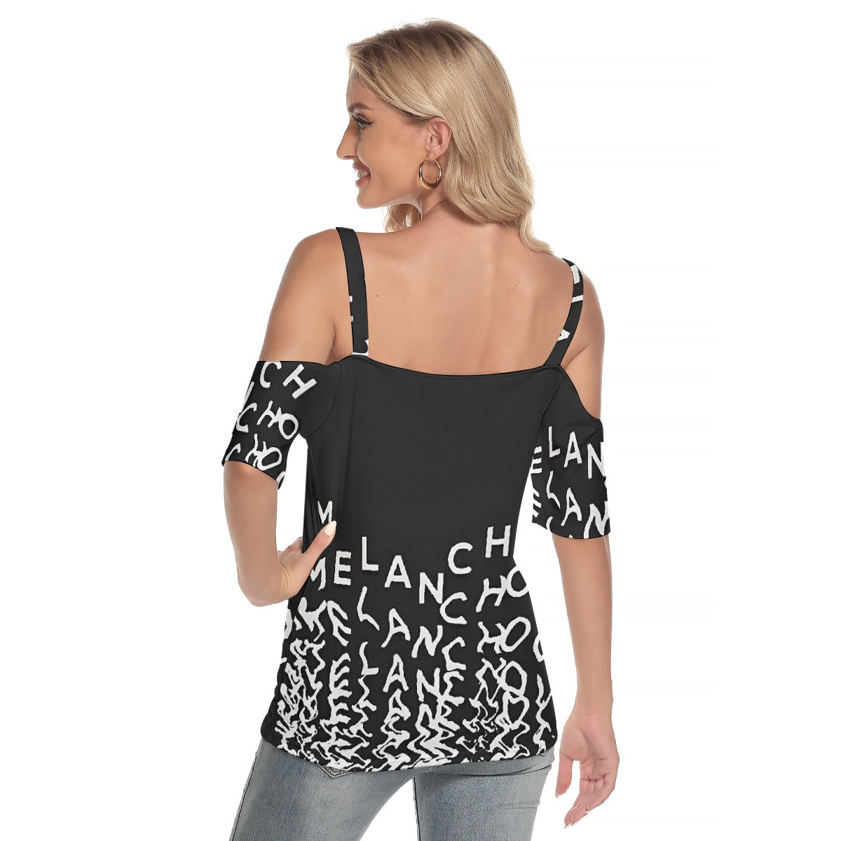 All-Over Print Women's Cold Shoulder T-shirt With Criss Cross Strips