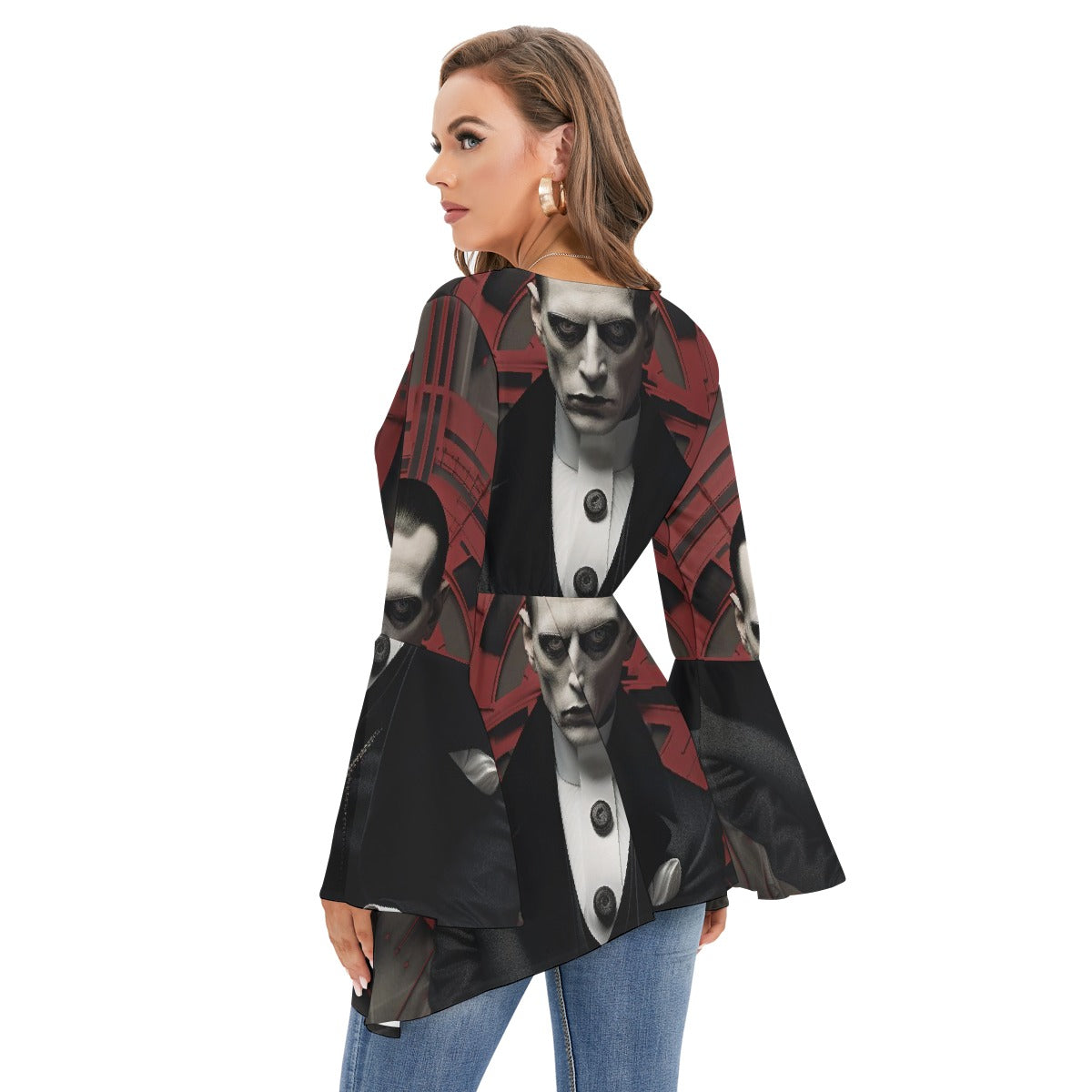 All-Over Print Women's V-neck Blouse With Flared Sleeves