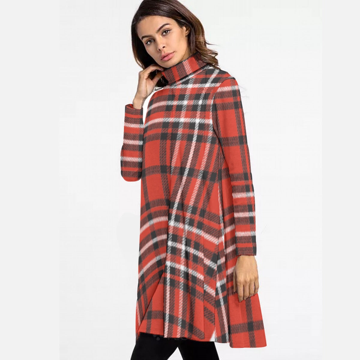 All-Over Print Women's High Neck Dress With Long Sleeve