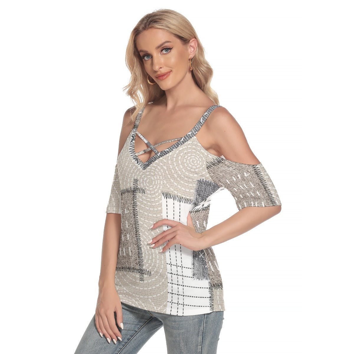 All-Over Print Women's Cold Shoulder T-shirt With Criss Cross Strips