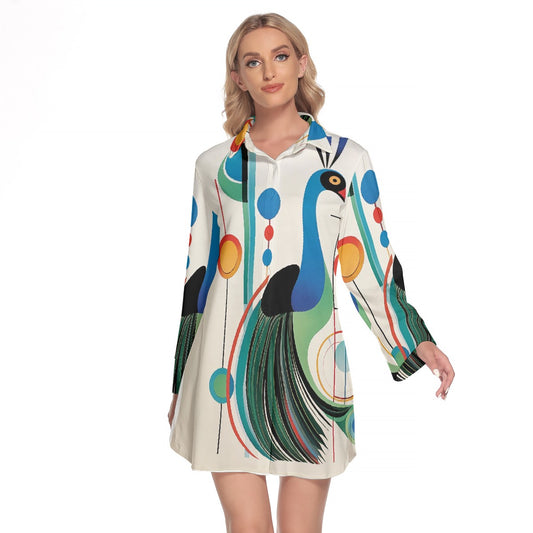 All-Over Print Women's Lapel Shirt Dress With Long Sleeve