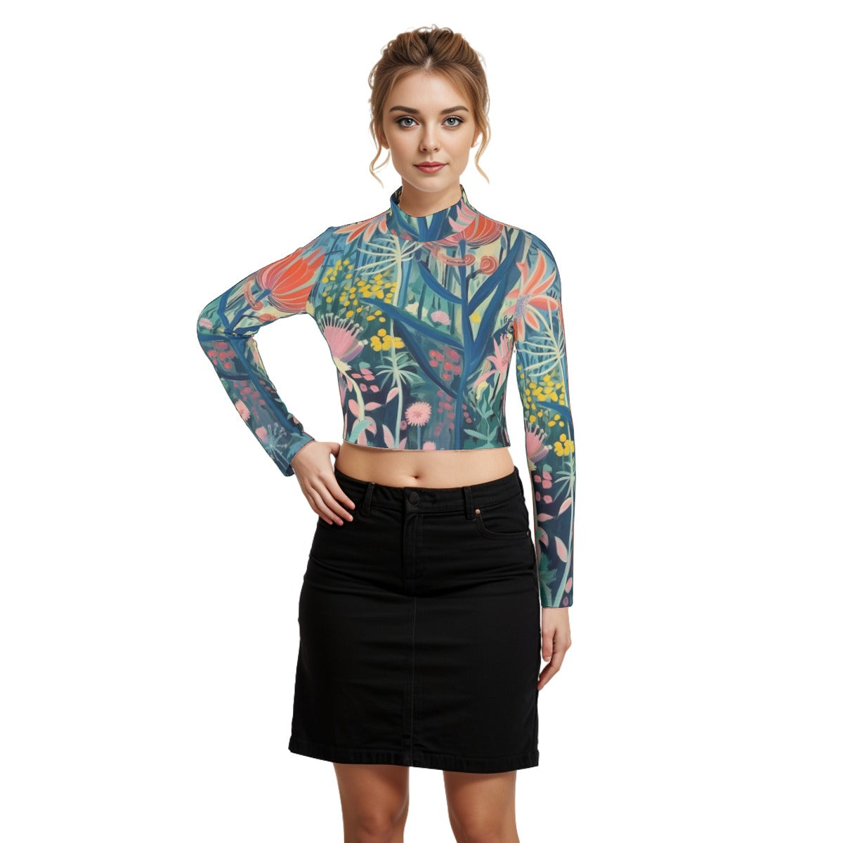 Eco-Friendly All-Over Print Women's Turtleneck T-shirt With Long Sleeve