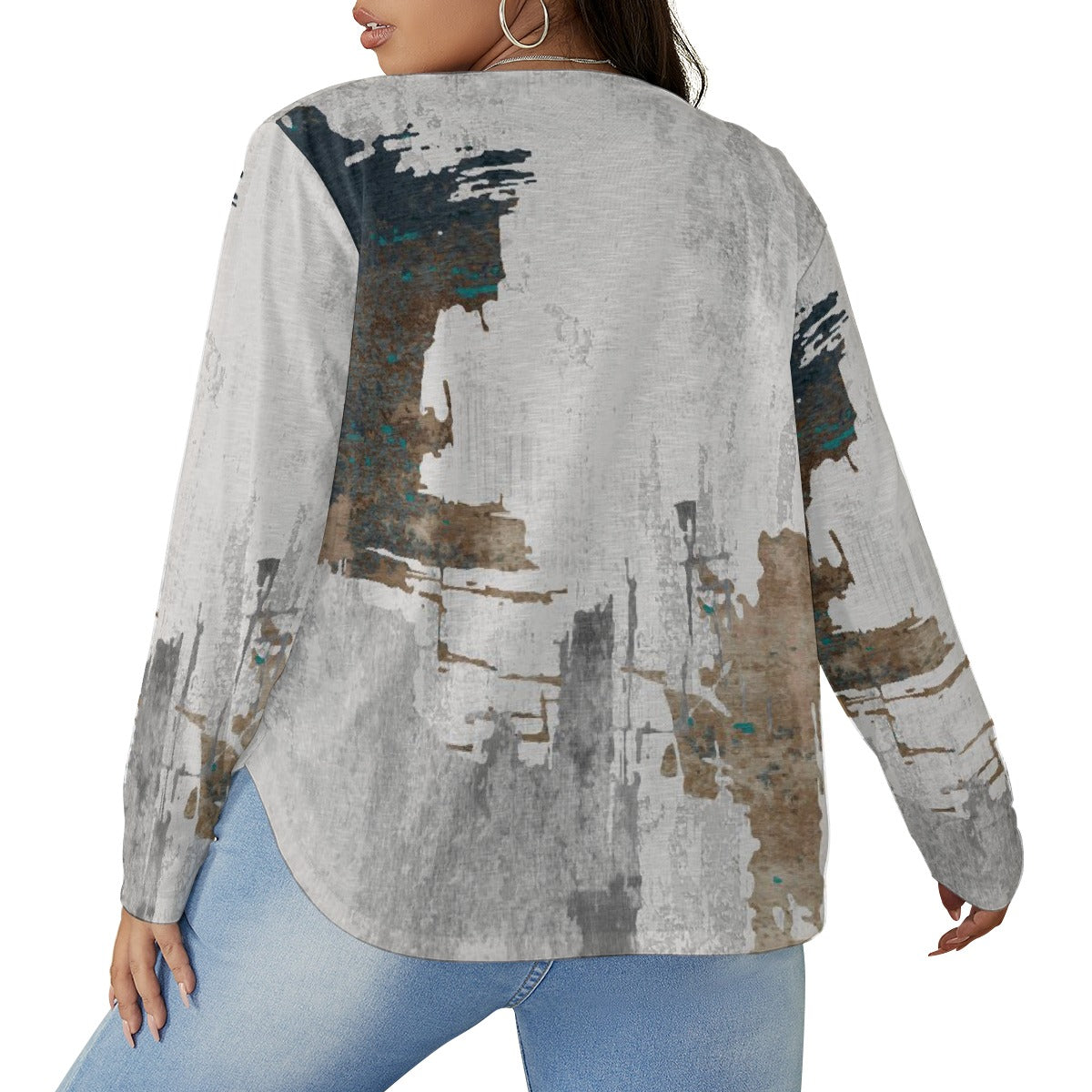 All-Over Print Women's V-neck T-shirt With Curved Hem(Plus Size)