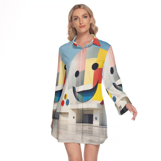 All-Over Print Women's Lapel Shirt Dress With Long Sleeve