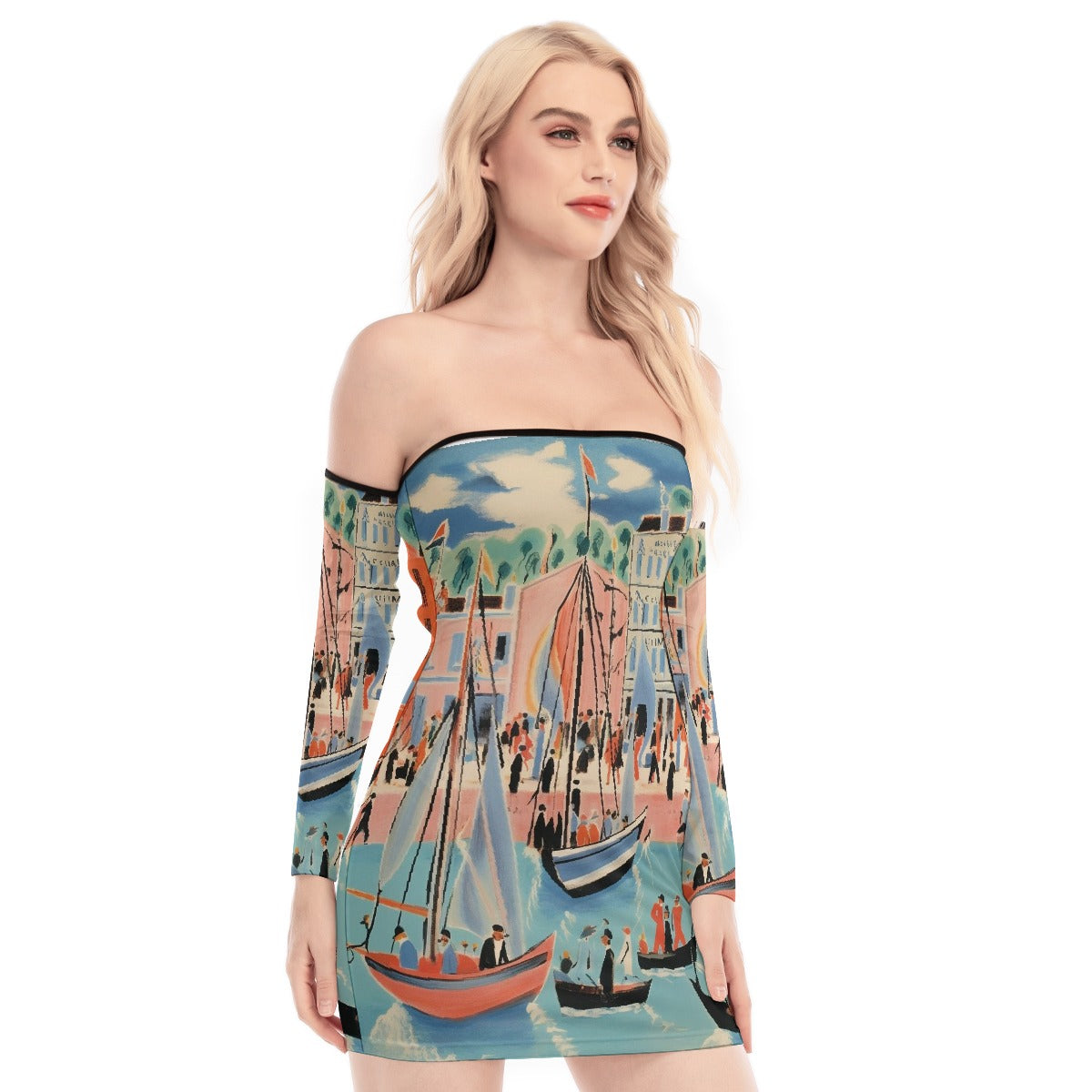 All-Over Print Women's Off-shoulder Back Lace-up Dress