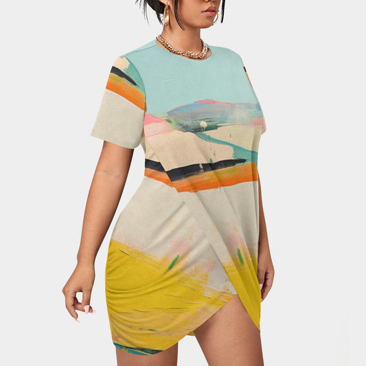 All-Over Print Women’s Stacked Hem Dress With Short Sleeve（Plus Size）