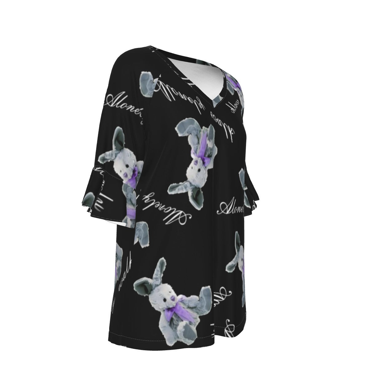 All-Over Print V-neck Women's T-shirt With Bell Sleeve