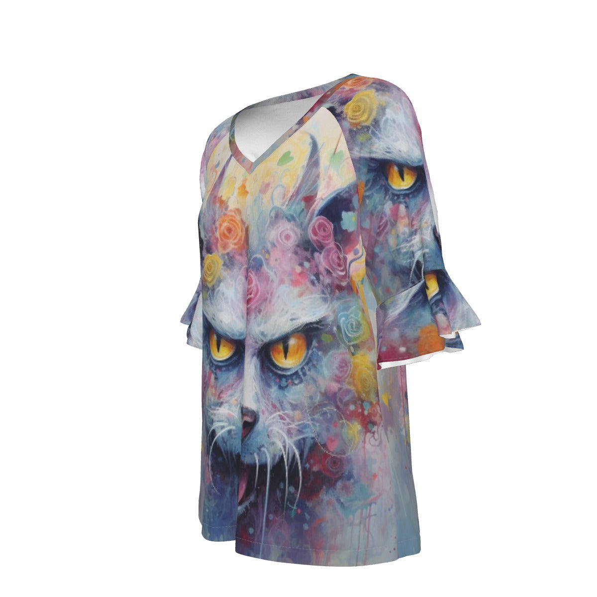 All-Over Print V-neck Women's T-shirt With Bell Sleeve