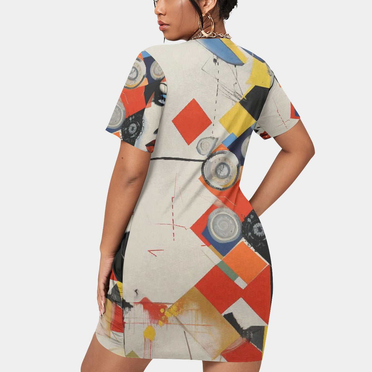 All-Over Print Women’s Stacked Hem Dress With Short Sleeve（Plus Size）