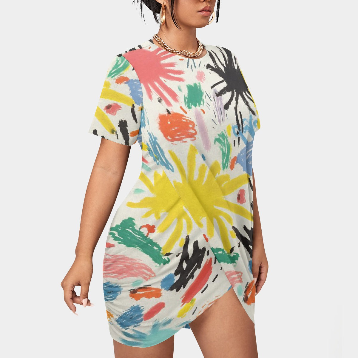 All-Over Print Women’s Stacked Hem Dress With Short Sleeve（Plus Size）