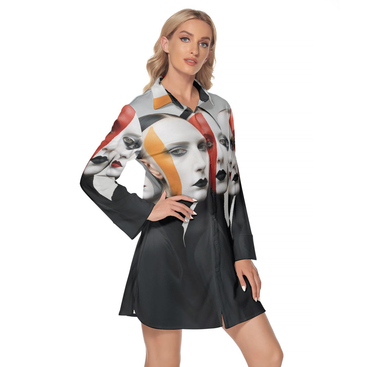 All-Over Print Women's Lapel Shirt Dress With Long Sleeve