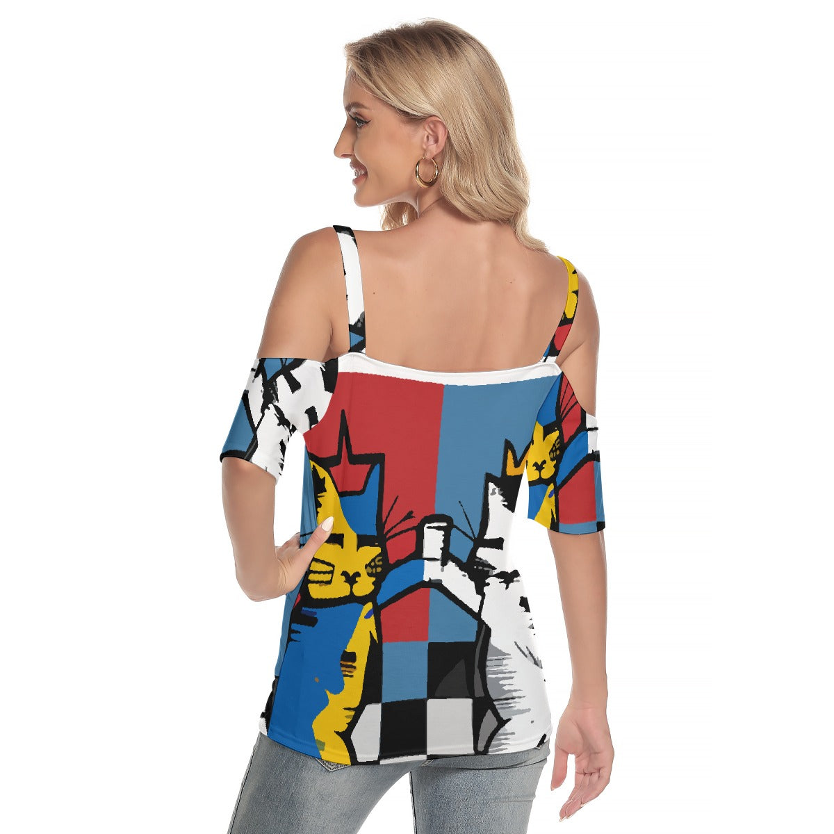 All-Over Print Women's Cold Shoulder T-shirt With Criss Cross Strips