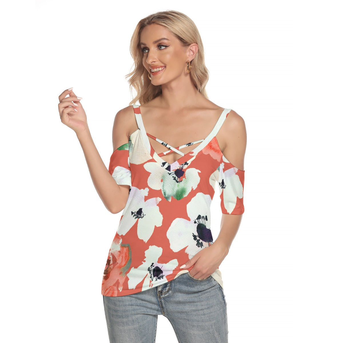 All-Over Print Women's Cold Shoulder T-shirt With Criss Cross Strips