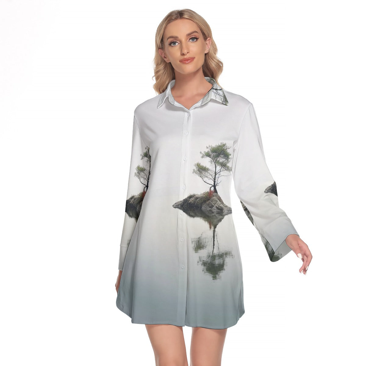 All-Over Print Women's Lapel Shirt Dress With Long Sleeve