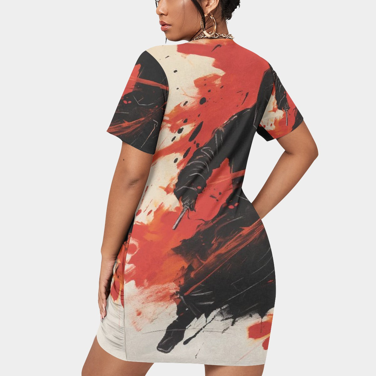 All-Over Print Women’s Stacked Hem Dress With Short Sleeve（Plus Size）