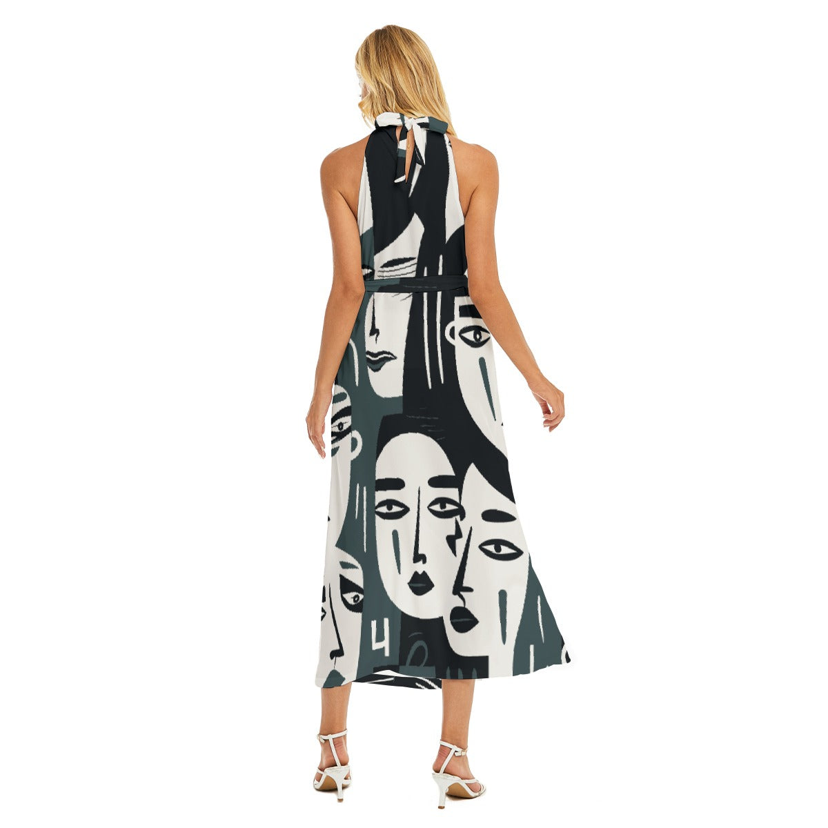 All-Over Print Women's Wrap Hem Belted Halter Dress