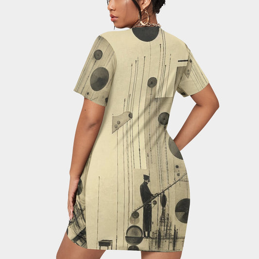 All-Over Print Women’s Stacked Hem Dress With Short Sleeve（Plus Size）