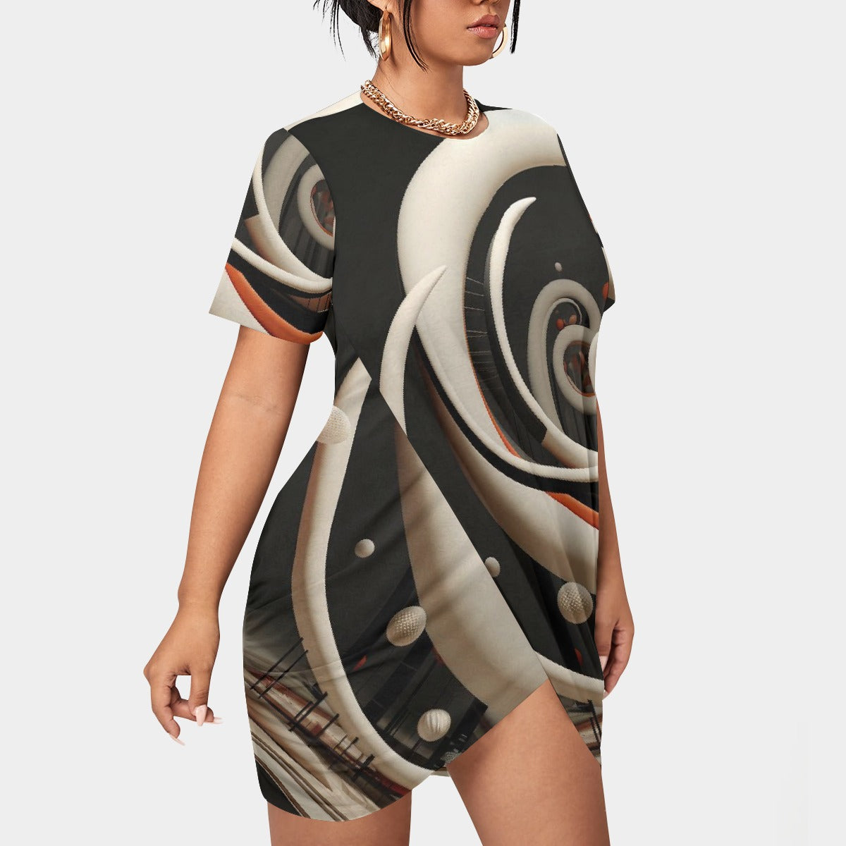 All-Over Print Women’s Stacked Hem Dress With Short Sleeve（Plus Size）