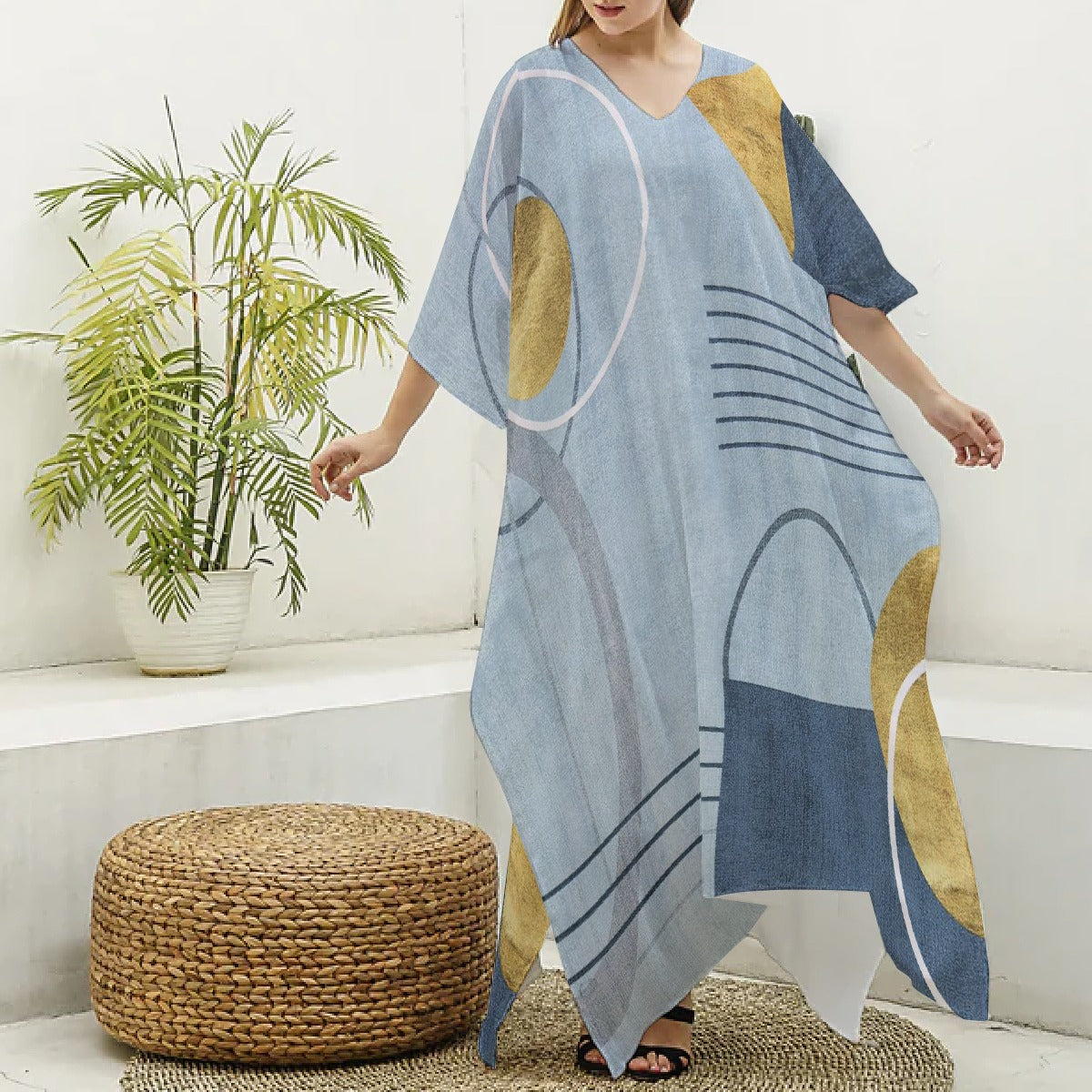 All-Over Print Women's Imitation Silk V-neck Kaftan Robe