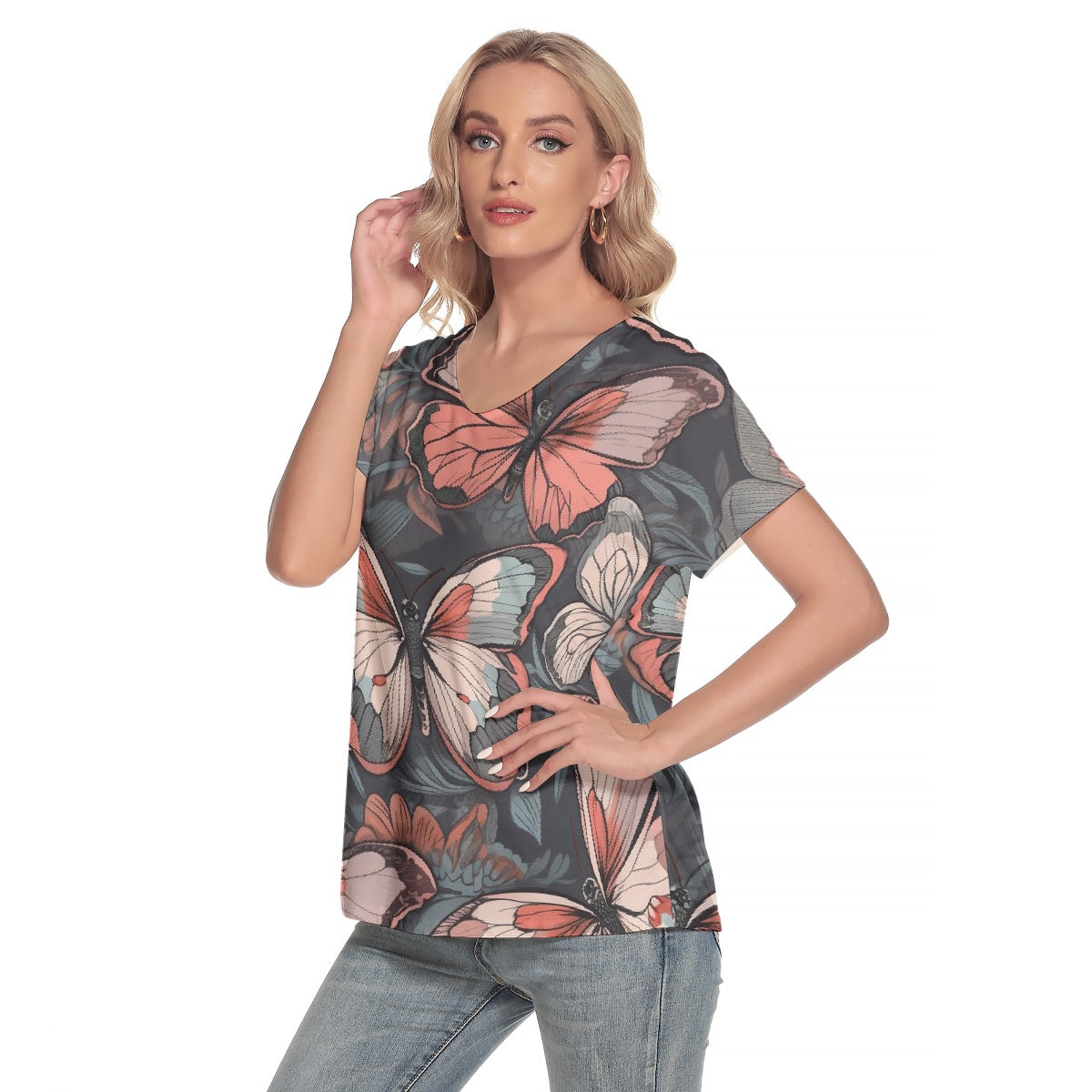 All-Over Print Women's Loose V-neck Short Sleeve T-shirt