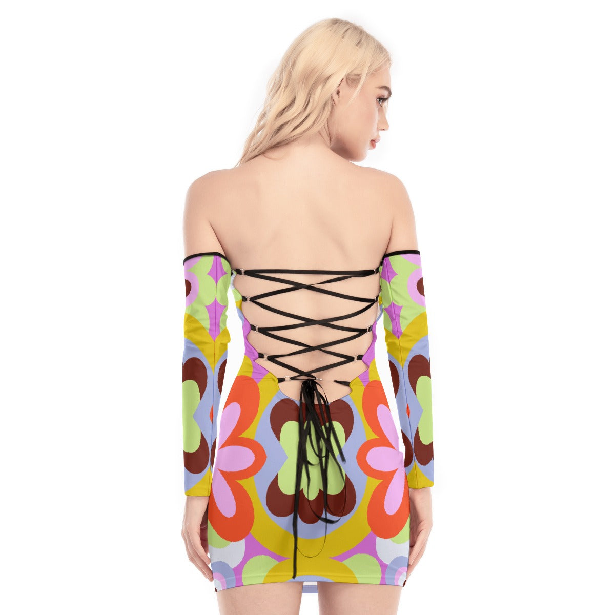 All-Over Print Women's Off-shoulder Back Lace-up Dress