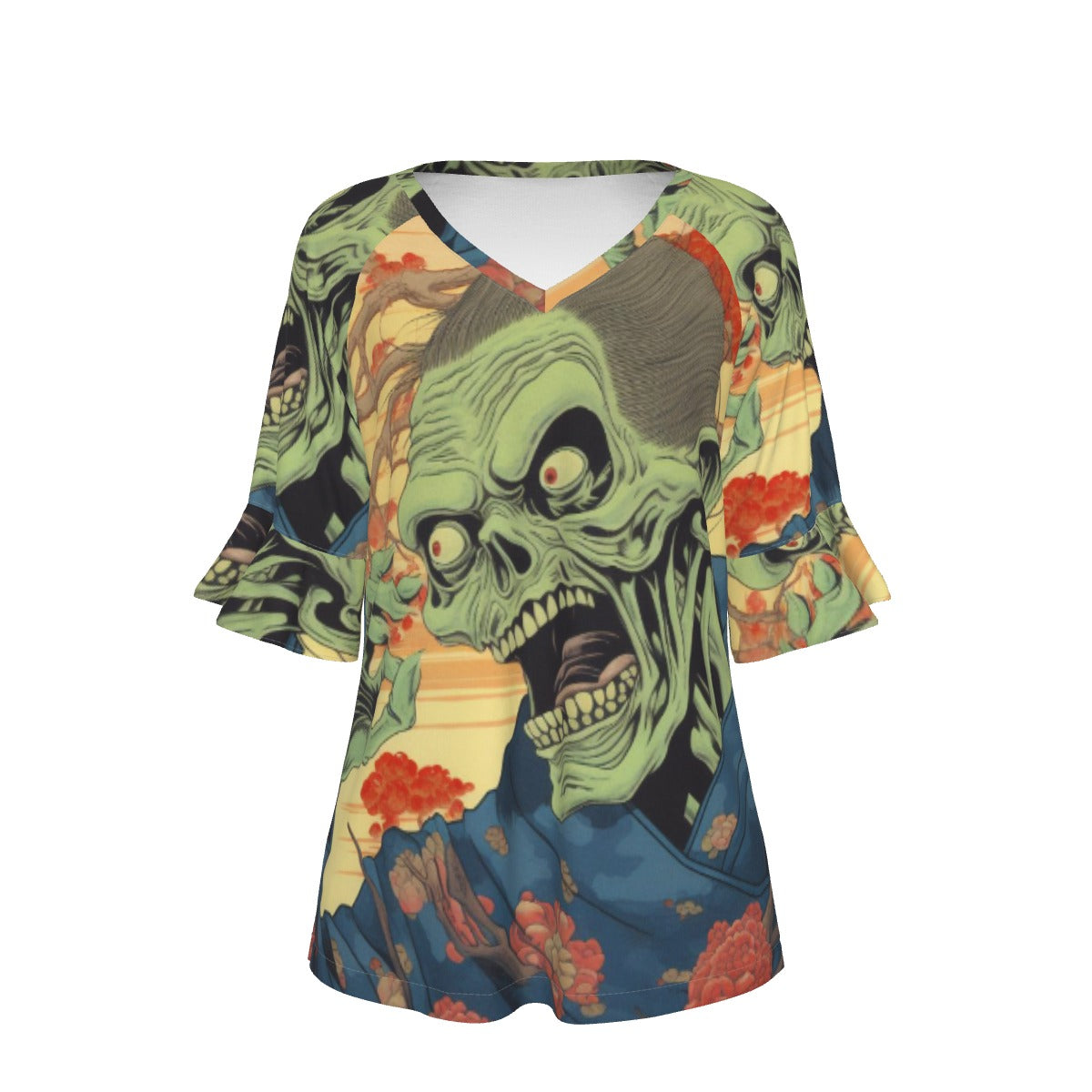 All-Over Print V-neck Women's T-shirt With Bell Sleeve