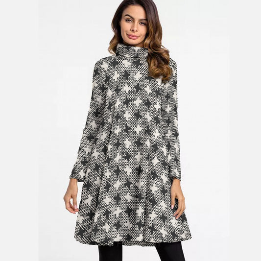 All-Over Print Women's High Neck Dress With Long Sleeve