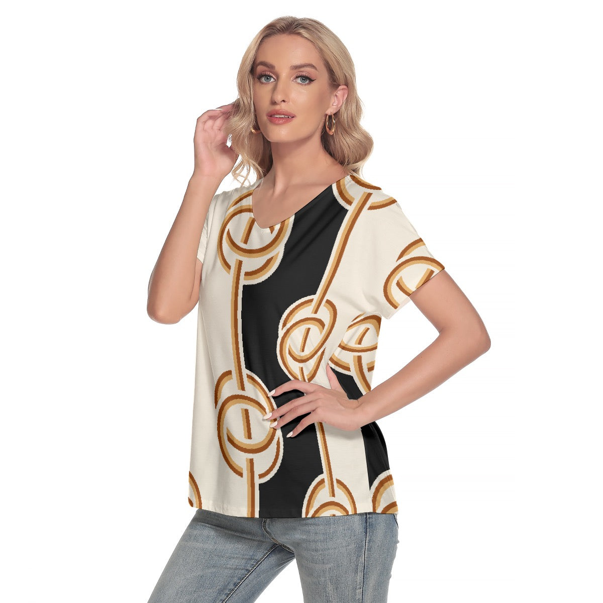 All-Over Print Women's Loose V-neck Short Sleeve T-shirt