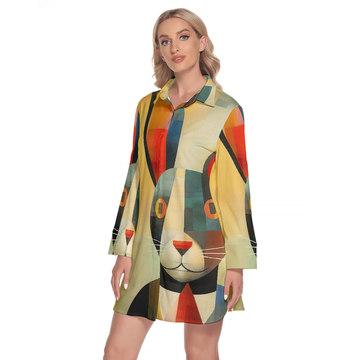 All-Over Print Women's Lapel Shirt Dress With Long Sleeve