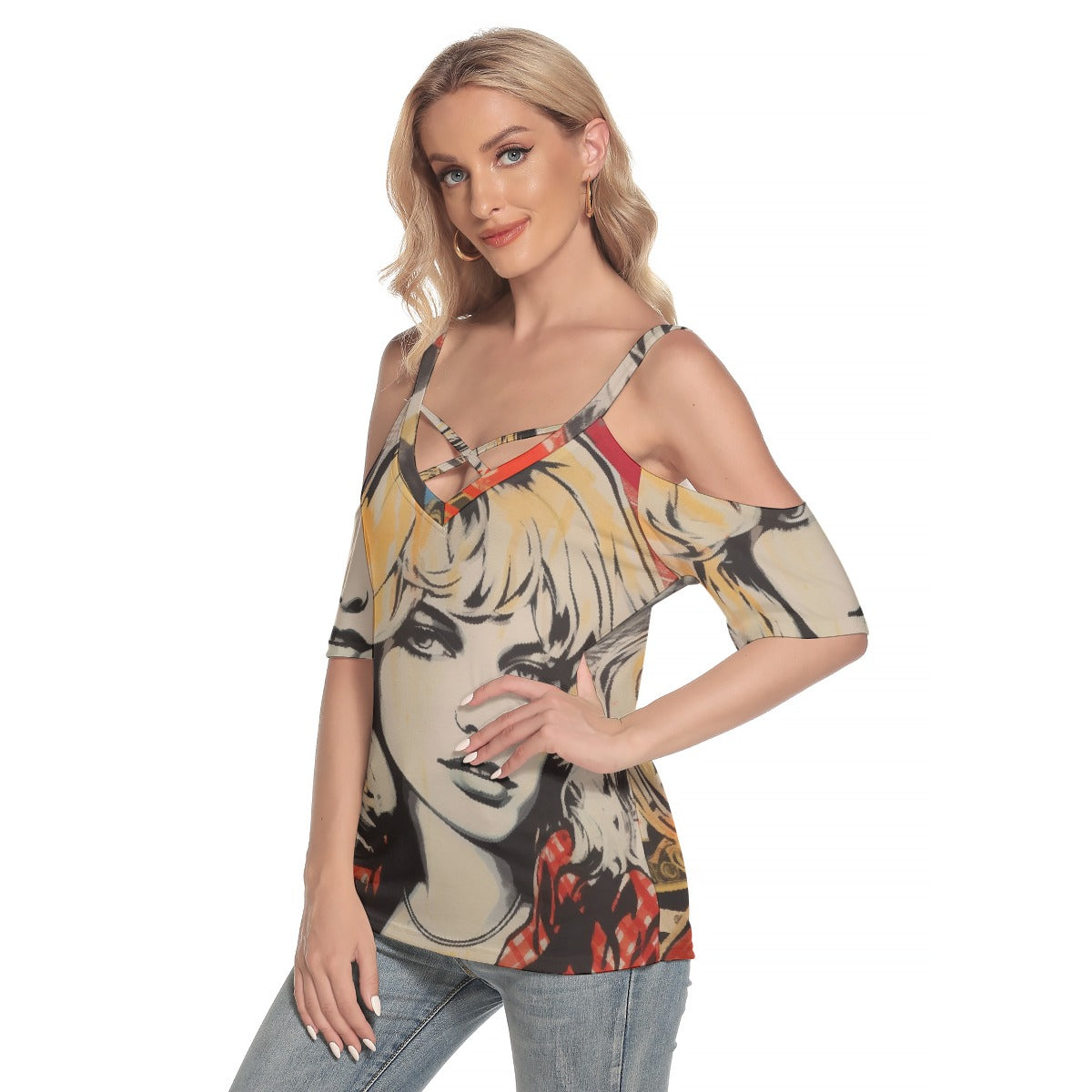 All-Over Print Women's Cold Shoulder T-shirt With Criss Cross Strips