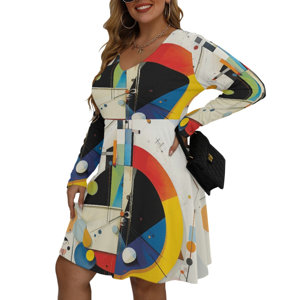 All-Over Print Women's V-neck Long Sleeve Dress(Plus Size)