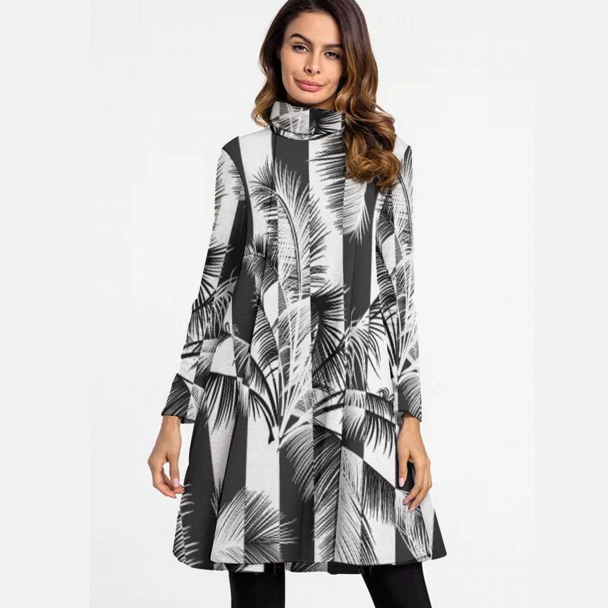 All-Over Print Women's High Neck Dress With Long Sleeve