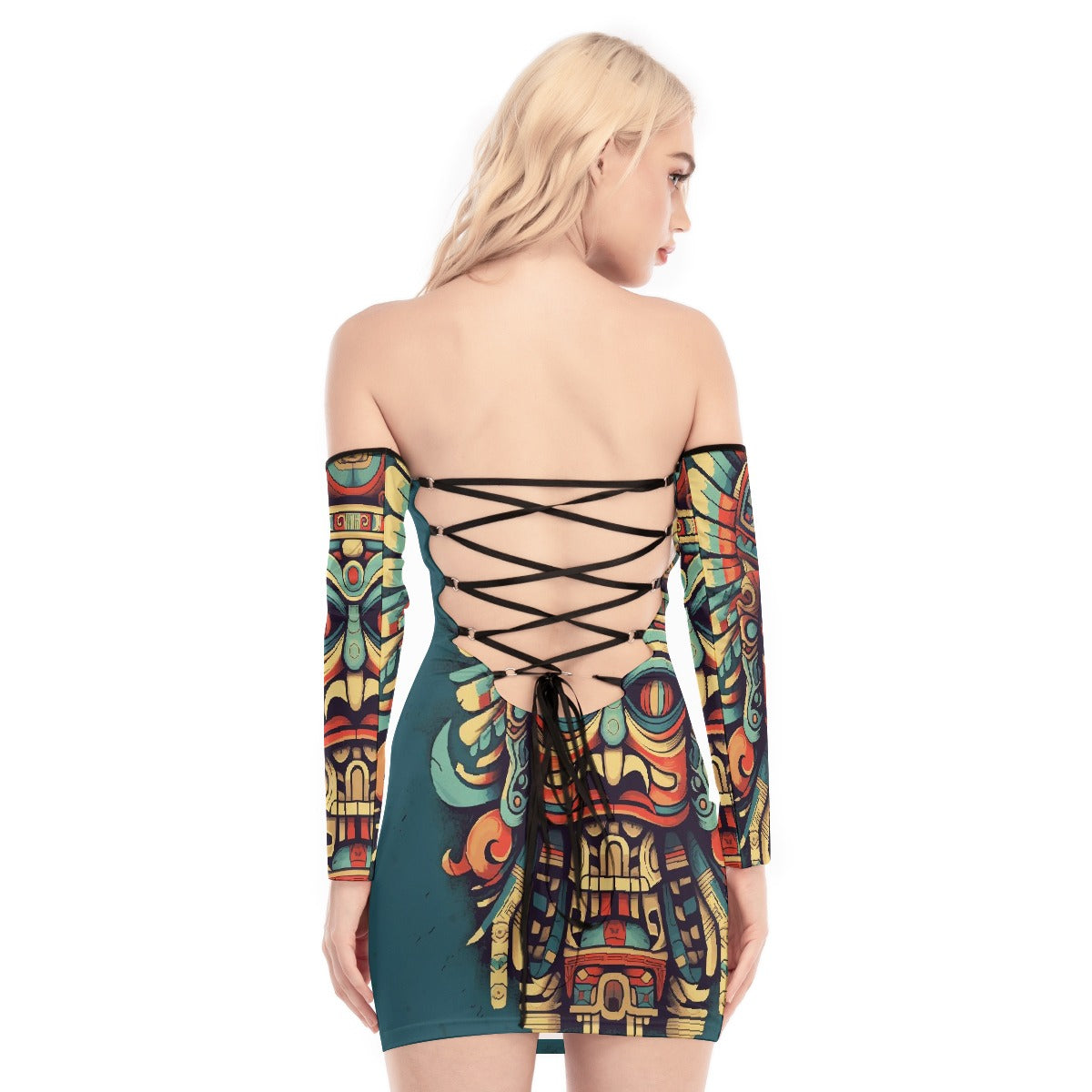 All-Over Print Women's Off-shoulder Back Lace-up Dress