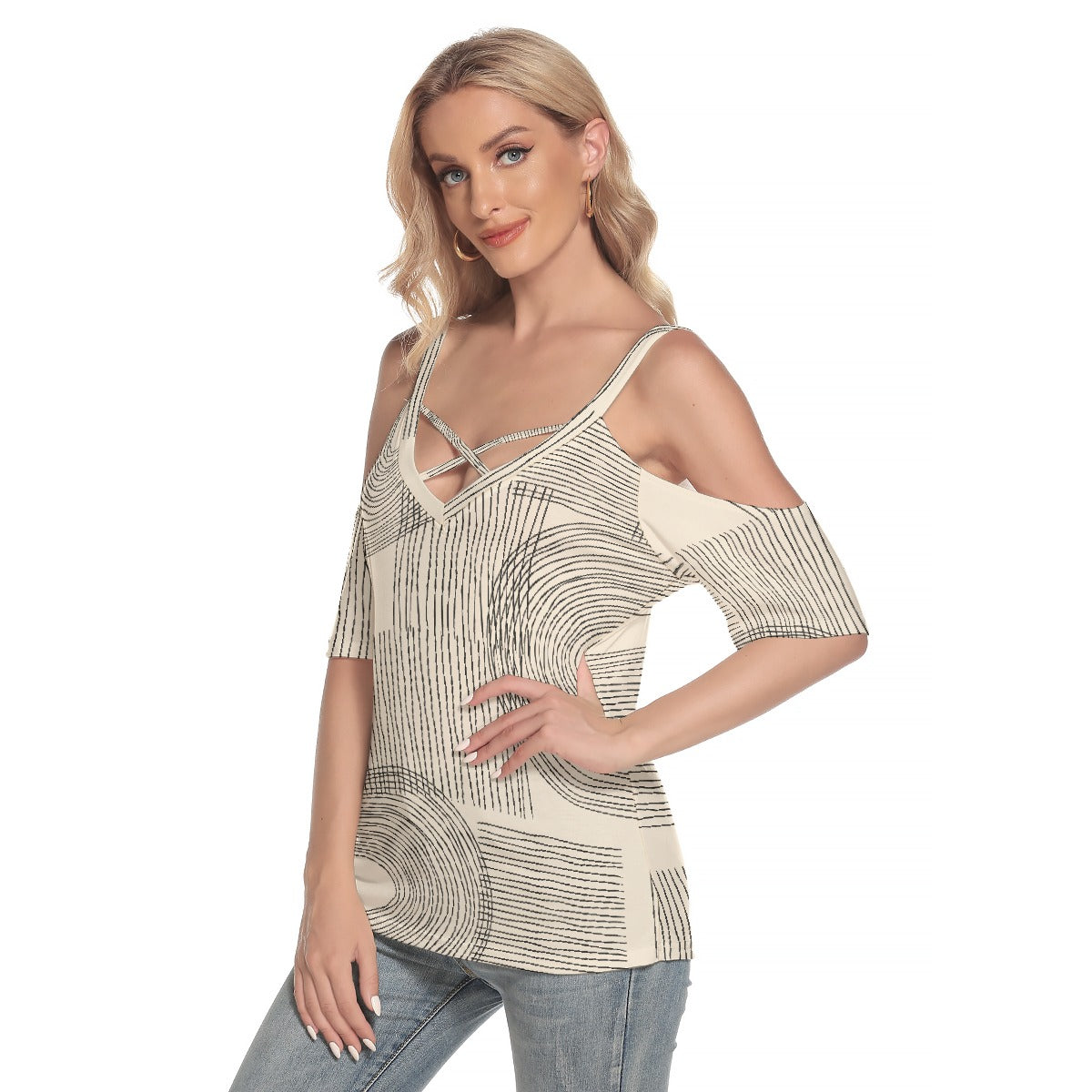 All-Over Print Women's Cold Shoulder T-shirt With Criss Cross Strips