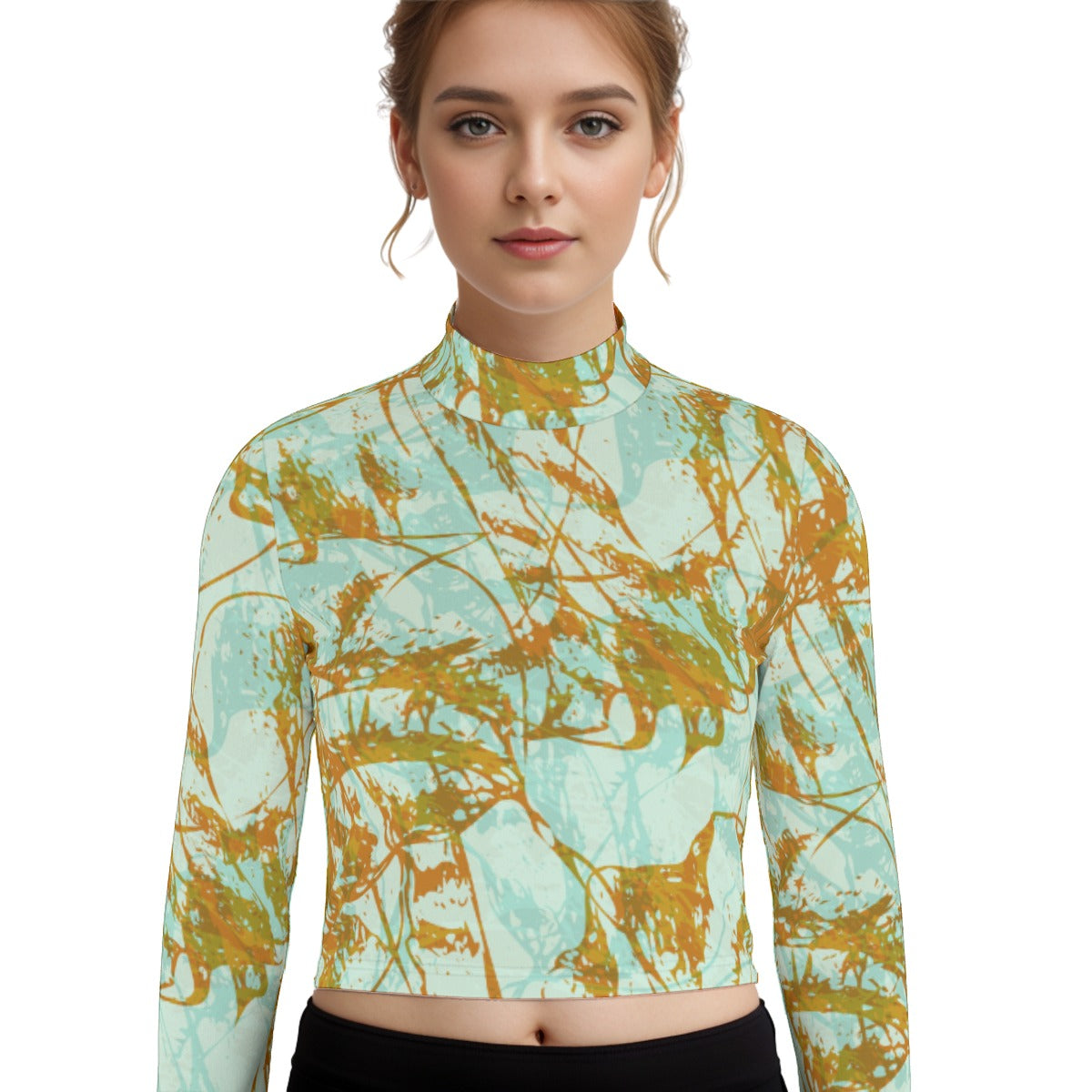 Eco-Friendly All-Over Print Women's Turtleneck T-shirt With Long Sleeve