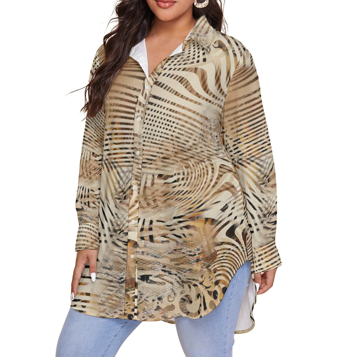 All-Over Print Women's Shirt With Long Sleeve(Plus Size)