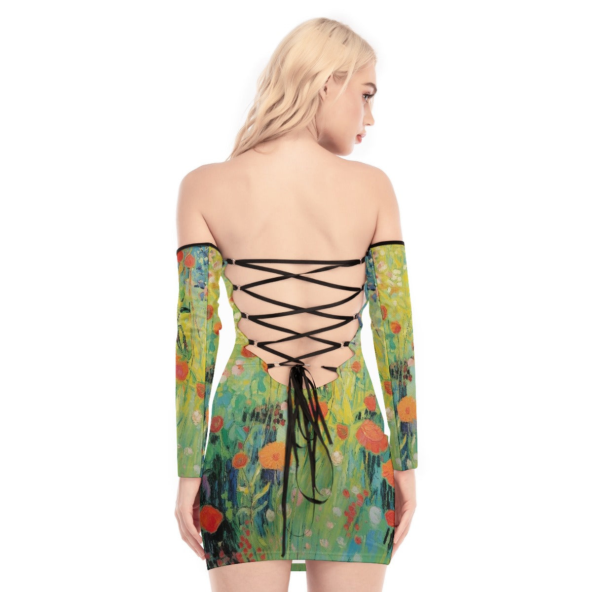 All-Over Print Women's Off-shoulder Back Lace-up Dress