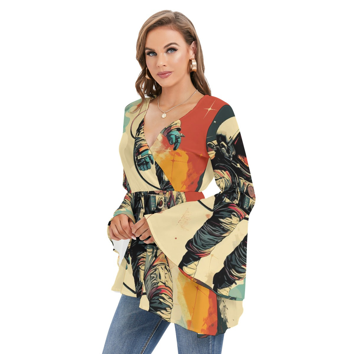 All-Over Print Women's V-neck Blouse With Flared Sleeves