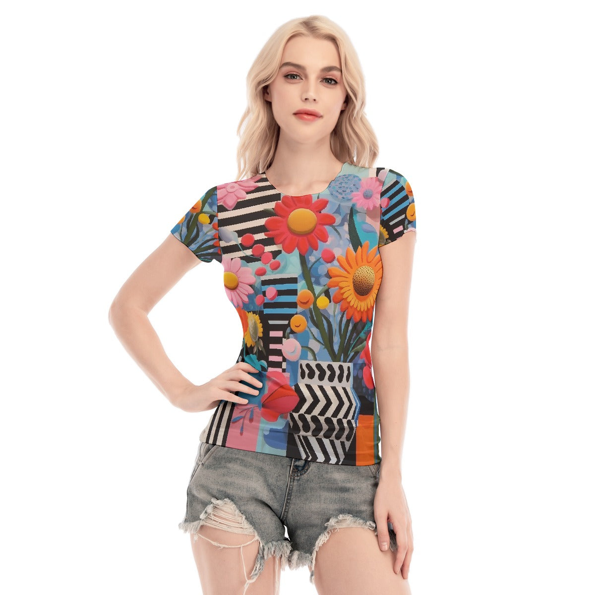 All-Over Print Women's Short Sleeve Mesh Blouse