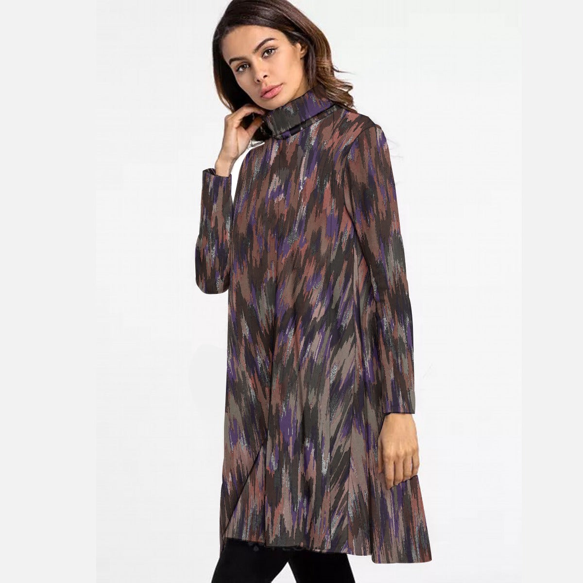 All-Over Print Women's High Neck Dress With Long Sleeve