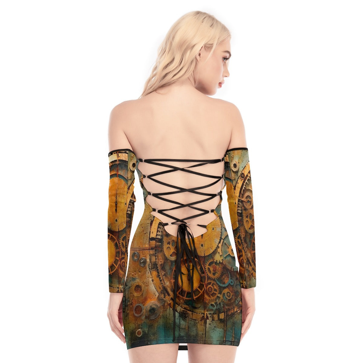 All-Over Print Women's Off-shoulder Back Lace-up Dress