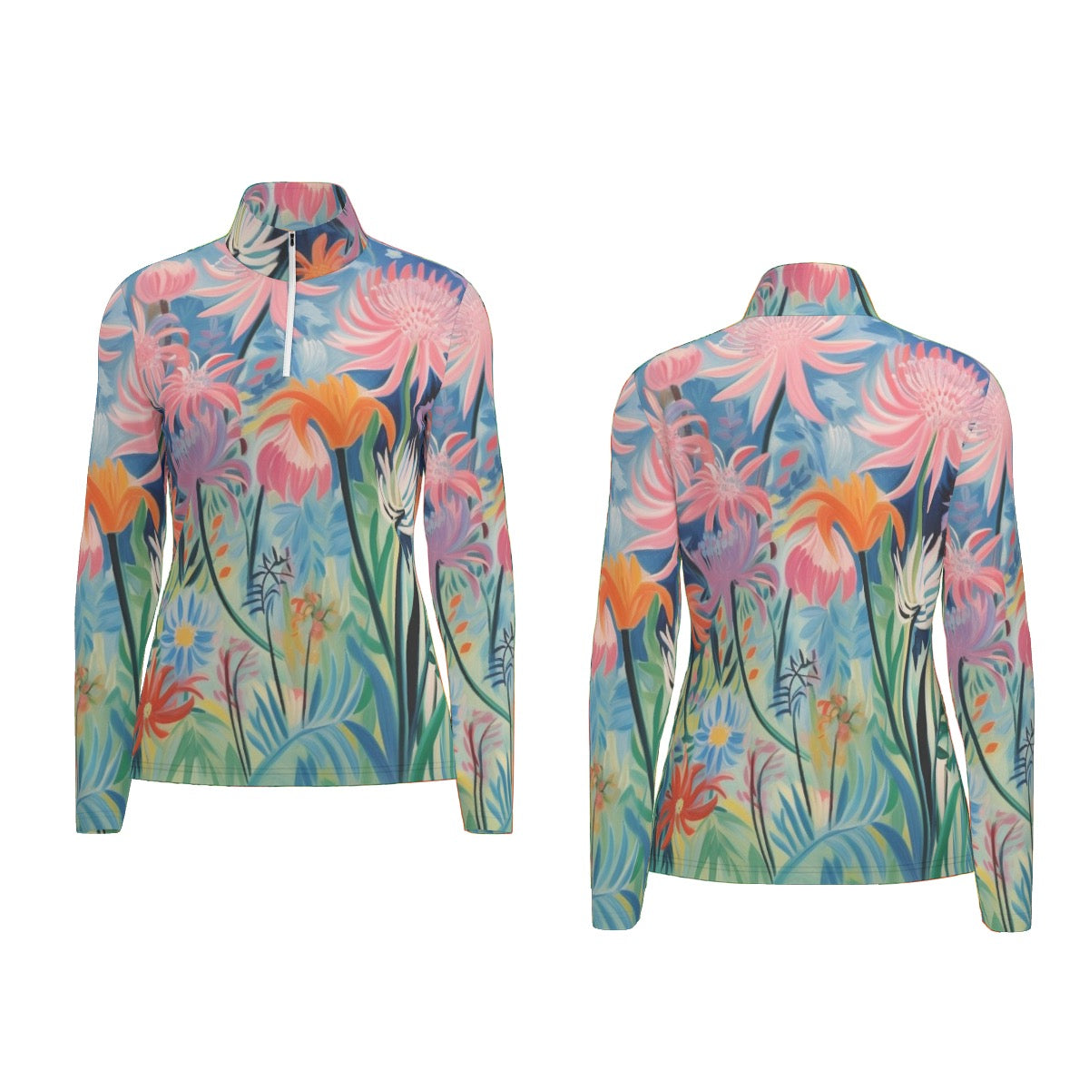 All-Over Print Women's Sports Collar Jersey With Long Sleeve