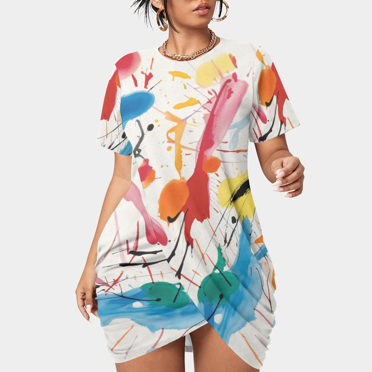 All-Over Print Women’s Stacked Hem Dress With Short Sleeve（Plus Size）