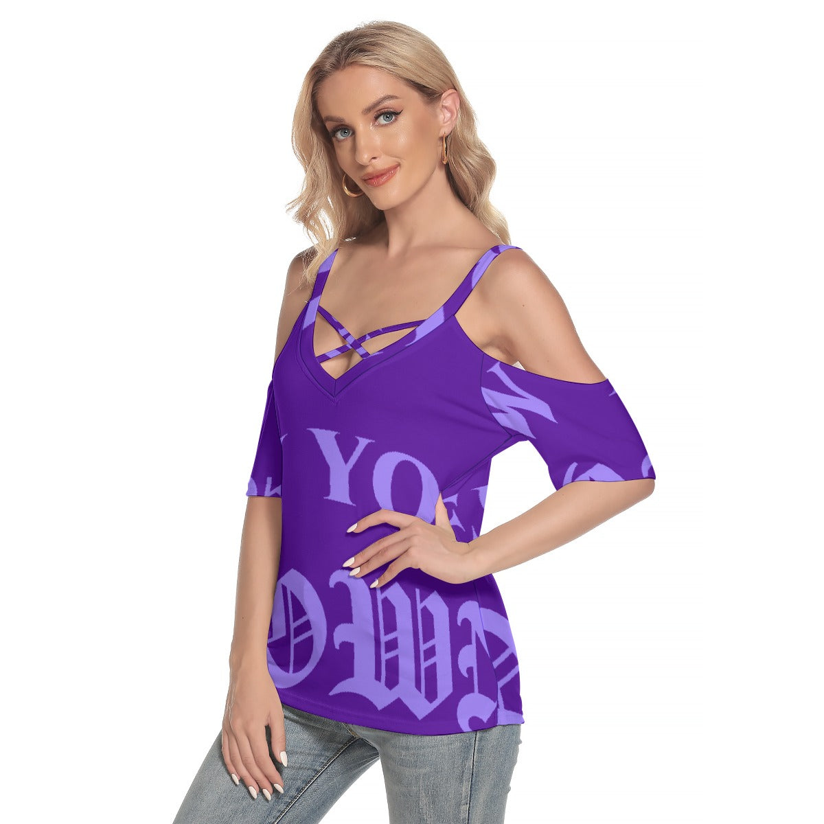 All-Over Print Women's Cold Shoulder T-shirt With Criss Cross Strips