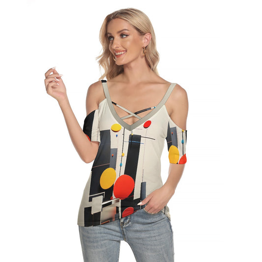 All-Over Print Women's Cold Shoulder T-shirt With Criss Cross Strips