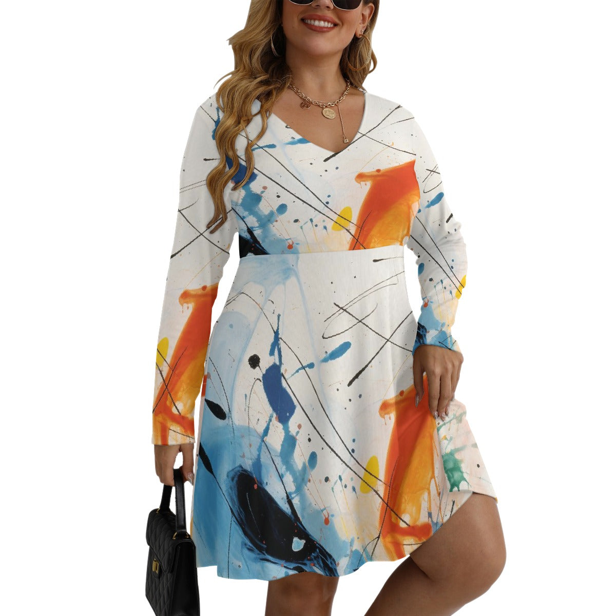 All-Over Print Women's V-neck Long Sleeve Dress(Plus Size)